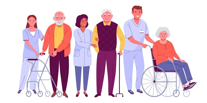 Vector illustration of senior men and women with assistive devices and nurses helping them on white background.