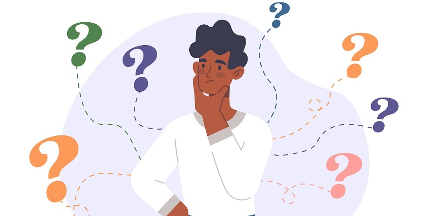 Illustration of guy making a decision. He has his hand on his chin and is surrounded by question marks.